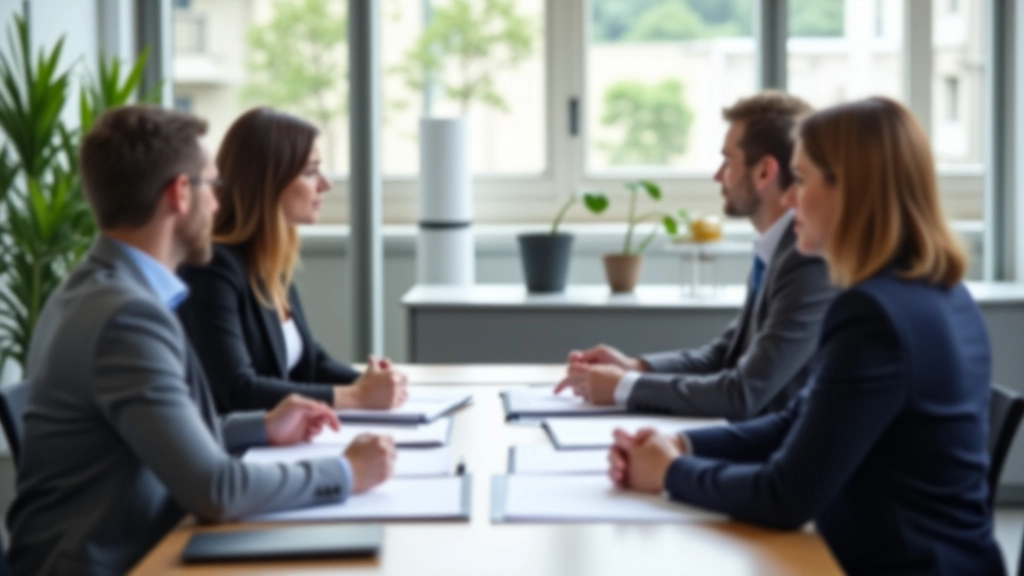 Équipe en réunion productive avec ordre du jour clair, discussion structurée, environnement professionnel lumineux