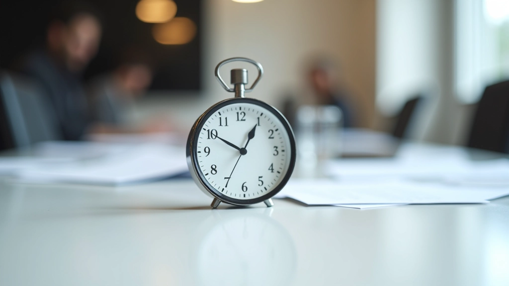Minuteur analogique sur table de réunion avec documents et bloc-notes, gestion du temps