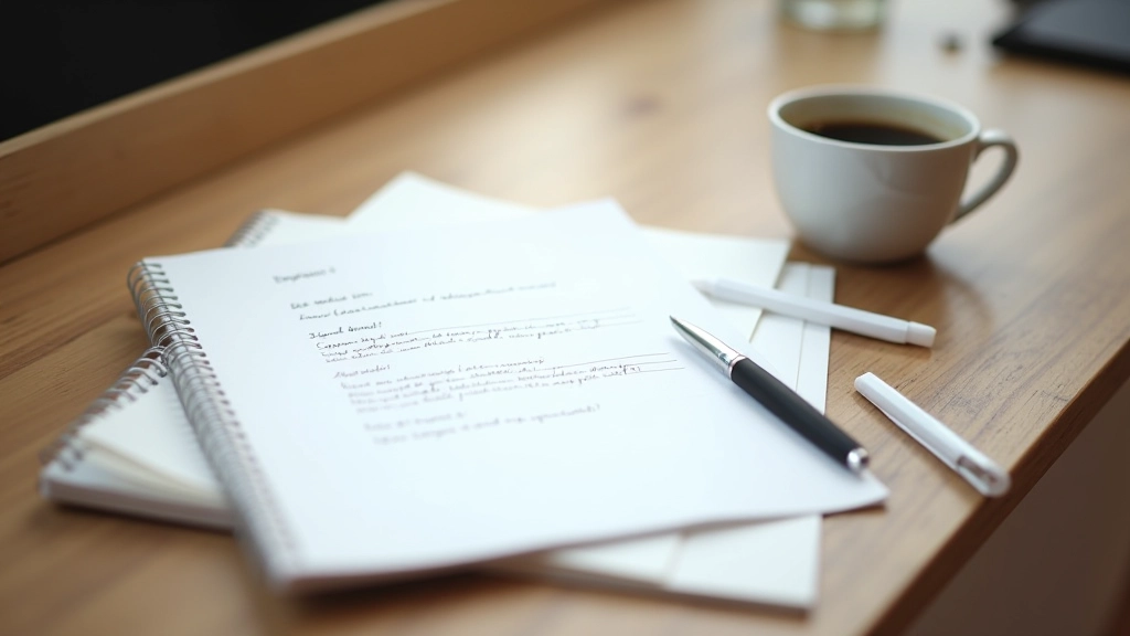 Carnet ouvert avec ordre du jour rédigé, stylo et tasse de café sur bureau en bois clair